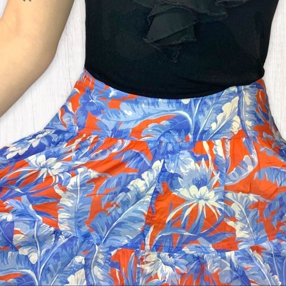 J. Crew Women's Sz. 2 Orange Blue Floral 100% Cotton Mini Skirt Yoke Waist Boho - Picture 6 of 11